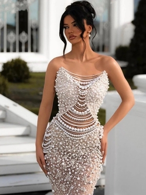 ED2612 220g Pearl Strapless Wedding Dress for Women without Print Method