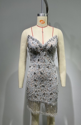 ED2600 Off-Shoulder Sleeveless Mini Dress Fringes Crystals and Rhinestones Size S-L Fast Shipping Color As Picture