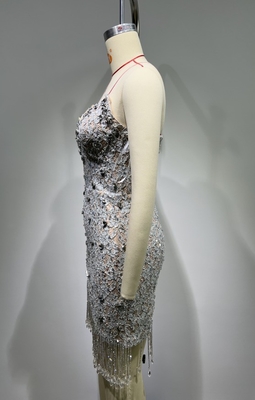 ED2600 Off-Shoulder Sleeveless Mini Dress Fringes Crystals and Rhinestones Size S-L Fast Shipping Color As Picture