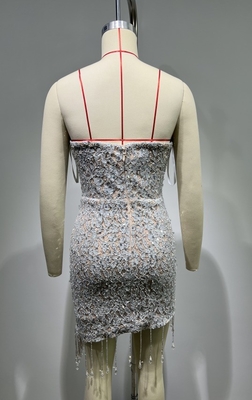 ED2600 Off-Shoulder Sleeveless Mini Dress Fringes Crystals and Rhinestones Size S-L Fast Shipping Color As Picture