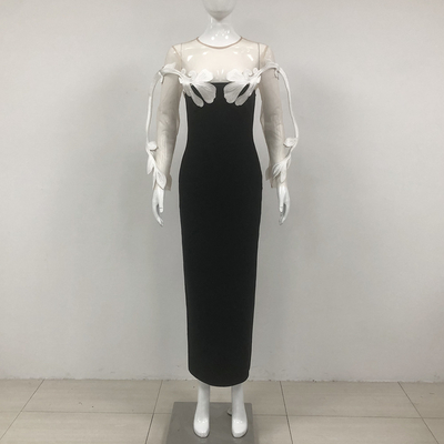 Full Sleeve Unique Floral Maxi Dress for Women LS2577 Sexy See-Through Mesh Bandage Party Dress