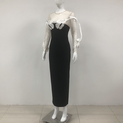 Full Sleeve Unique Floral Maxi Dress for Women LS2577 Sexy See-Through Mesh Bandage Party Dress