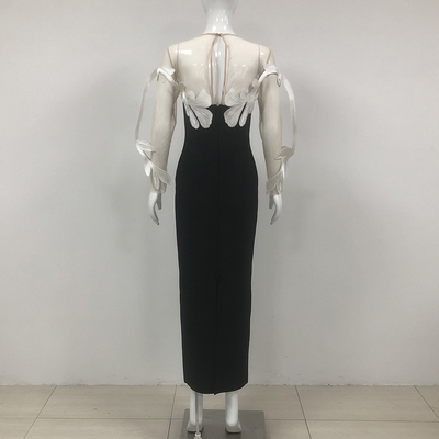Full Sleeve Unique Floral Maxi Dress for Women LS2577 Sexy See-Through Mesh Bandage Party Dress