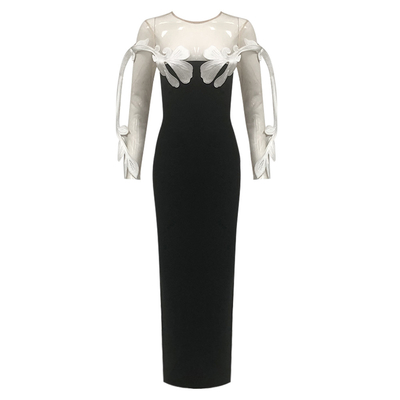 Full Sleeve Unique Floral Maxi Dress for Women LS2577 Sexy See-Through Mesh Bandage Party Dress