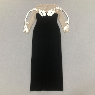 Full Sleeve Unique Floral Maxi Dress for Women LS2577 Sexy See-Through Mesh Bandage Party Dress