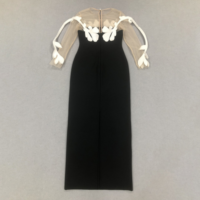 Full Sleeve Unique Floral Maxi Dress for Women LS2577 Sexy See-Through Mesh Bandage Party Dress