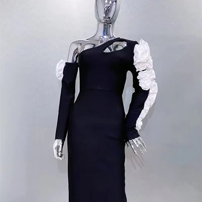 Guangdong LS2579 Fashion Off-Shoulder Long Sleeve Party Dress Tight Bandage Maxi Dress featuring 3D Black Floral Design