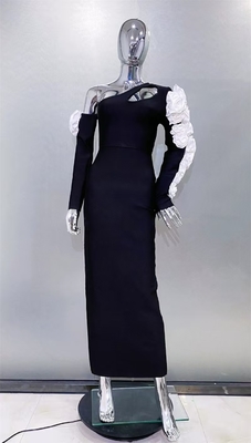 Guangdong LS2579 Fashion Off-Shoulder Long Sleeve Party Dress Tight Bandage Maxi Dress featuring 3D Black Floral Design