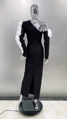 Guangdong LS2579 Fashion Off-Shoulder Long Sleeve Party Dress Tight Bandage Maxi Dress featuring 3D Black Floral Design
