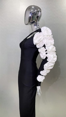 Guangdong LS2579 Fashion Off-Shoulder Long Sleeve Party Dress Tight Bandage Maxi Dress featuring 3D Black Floral Design