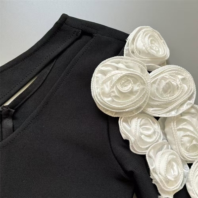 Guangdong LS2579 Fashion Off-Shoulder Long Sleeve Party Dress Tight Bandage Maxi Dress featuring 3D Black Floral Design