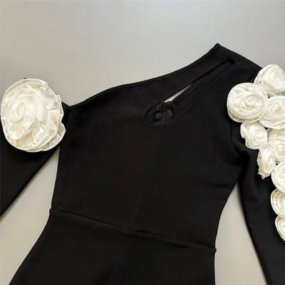 Guangdong LS2579 Fashion Off-Shoulder Long Sleeve Party Dress Tight Bandage Maxi Dress featuring 3D Black Floral Design