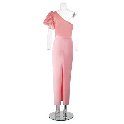 kimsheinfashion SB3037 Single Shoulder Women's Cocktail Dress in Light Pink with Ruffle Trim and Bandage Design