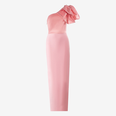 kimsheinfashion SB3037 Single Shoulder Women's Cocktail Dress in Light Pink with Ruffle Trim and Bandage Design