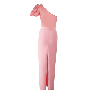 kimsheinfashion SB3037 Single Shoulder Women's Cocktail Dress in Light Pink with Ruffle Trim and Bandage Design