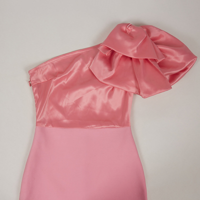 kimsheinfashion SB3037 Single Shoulder Women's Cocktail Dress in Light Pink with Ruffle Trim and Bandage Design