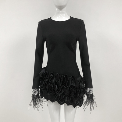 LS2576 Long Sleeve Black Feather Mini Floral Crystal Fashion Luxury Women's Bandage Dress for Women's High Fashion Dress