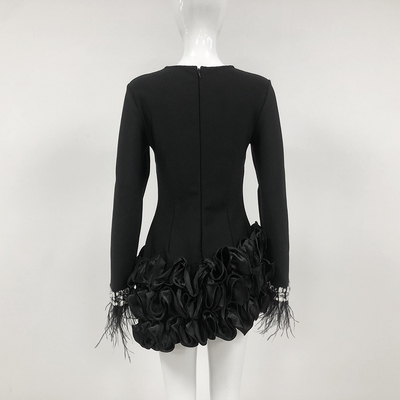 LS2576 Long Sleeve Black Feather Mini Floral Crystal Fashion Luxury Women's Bandage Dress for Women's High Fashion Dress