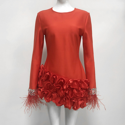 LS2576 Long Sleeve Black Feather Mini Floral Crystal Fashion Luxury Women's Bandage Dress for Women's High Fashion Dress
