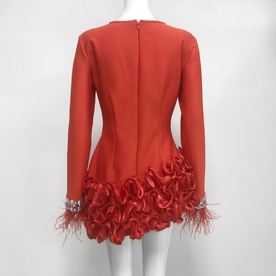 LS2576 Long Sleeve Black Feather Mini Floral Crystal Fashion Luxury Women's Bandage Dress for Women's High Fashion Dress