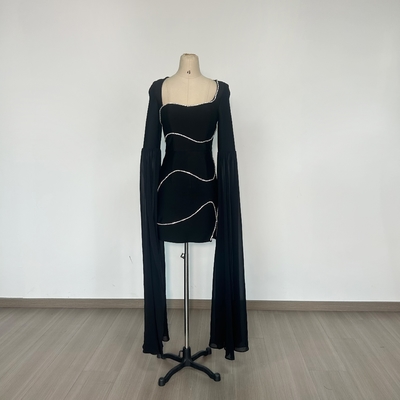 LS2574 Black Cocktail Dress Breathable Shiny Crystal Square Neck Unique Bell Sleeves and Bandage Skirt for Women's Party