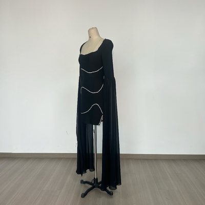 LS2574 Black Cocktail Dress Breathable Shiny Crystal Square Neck Unique Bell Sleeves and Bandage Skirt for Women's Party