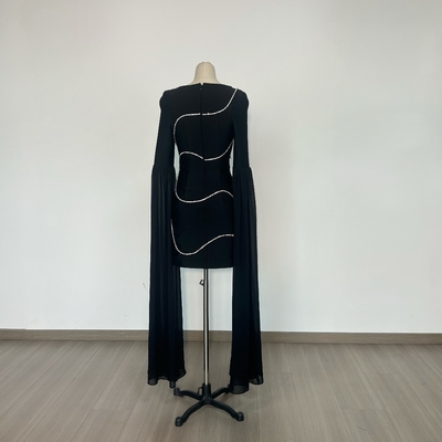 LS2574 Black Cocktail Dress Breathable Shiny Crystal Square Neck Unique Bell Sleeves and Bandage Skirt for Women's Party