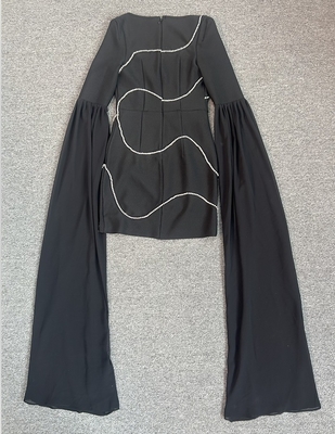 LS2574 Black Cocktail Dress Breathable Shiny Crystal Square Neck Unique Bell Sleeves and Bandage Skirt for Women's Party