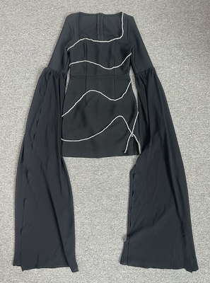 LS2574 Black Cocktail Dress Breathable Shiny Crystal Square Neck Unique Bell Sleeves and Bandage Skirt for Women's Party