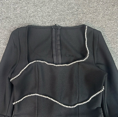 LS2574 Black Cocktail Dress Breathable Shiny Crystal Square Neck Unique Bell Sleeves and Bandage Skirt for Women's Party
