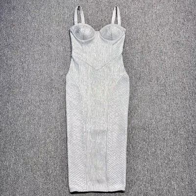 SB3257 Silver Luxury Evening Dress Slip Strap Dress V-neck Elegant Women's Bodycon Dress for Sophisticated Ladies