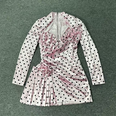 Kimsheinfashion LS2596 Women's Deep V-Neck Party Dress Elegant Polka Dot Print and 3D Flower Decoration for a Chic Look