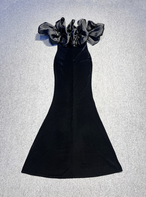 SB3299 Women's Fashion Luxury Evening Dress Lady's Gold Elegant Velvet Dress with Swan Design Washable Natural Waistline