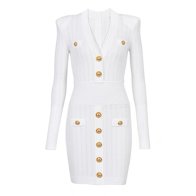 Knitted V-Neck Dress Classic and Stylish for Women's Office Attire in Spring Season Collection