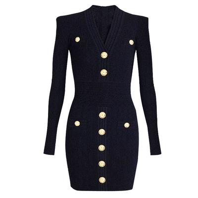 Knitted V-Neck Dress Classic and Stylish for Women's Office Attire in Spring Season Collection