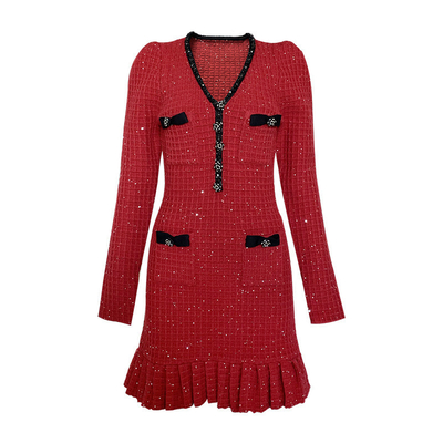 Spring Party Knitted Dress with Bow Tie KD2316 Women's Black Butterfly Bow Long Sleeve Dress in Wool Material