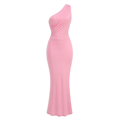 250g Milk Silk Fabric Maxi Length Asymmetrical Neck Pleated Dress Pink French Style Sexy Party Dress Made in Guangdong