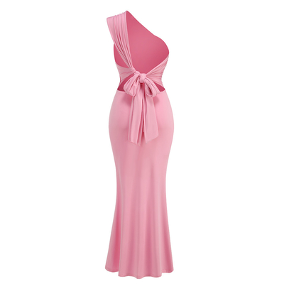 250g Milk Silk Fabric Maxi Length Asymmetrical Neck Pleated Dress Pink French Style Sexy Party Dress Made in Guangdong