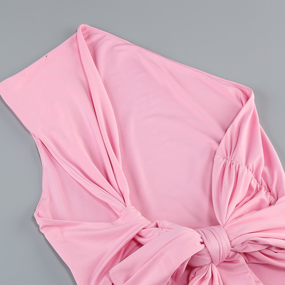 250g Milk Silk Fabric Maxi Length Asymmetrical Neck Pleated Dress Pink French Style Sexy Party Dress Made in Guangdong