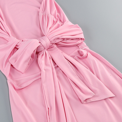 250g Milk Silk Fabric Maxi Length Asymmetrical Neck Pleated Dress Pink French Style Sexy Party Dress Made in Guangdong