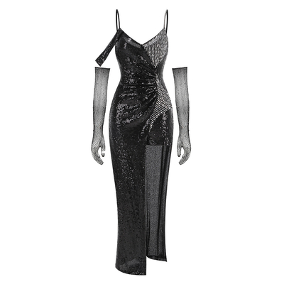 Glamorous Polyester Fabric Crown Waistline Nightclub Irregular Dress with Sequin Cocktail High Slit Summer Dress SB3285