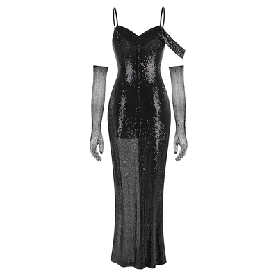 Glamorous Polyester Fabric Crown Waistline Nightclub Irregular Dress with Sequin Cocktail High Slit Summer Dress SB3285