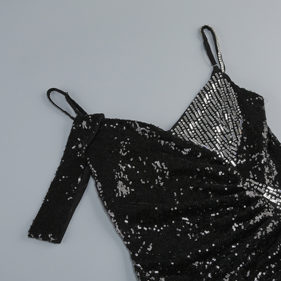 Glamorous Polyester Fabric Crown Waistline Nightclub Irregular Dress with Sequin Cocktail High Slit Summer Dress SB3285