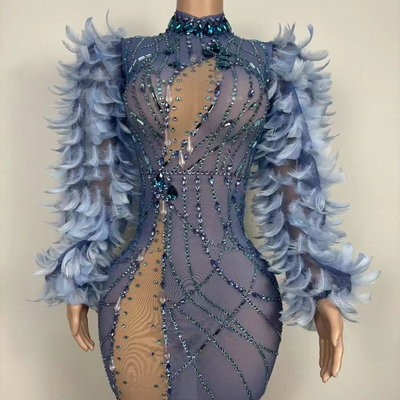 7 Days Fast Sampling AD2098 Luxurious Party Dress with Feather Cocktail Dress and Water Diamond Elegant Sexy Performance Dress