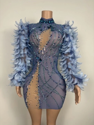7 Days Fast Sampling AD2098 Luxurious Party Dress with Feather Cocktail Dress and Water Diamond Elegant Sexy Performance Dress
