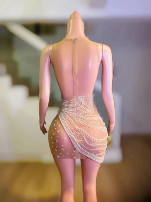 Seductive Pearl Dress for Women's Performance Costume AD2224 Sexy Club Sheath Mini Dress in Elegant Nightclub Party Look