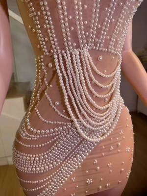Seductive Pearl Dress for Women's Performance Costume AD2224 Sexy Club Sheath Mini Dress in Elegant Nightclub Party Look