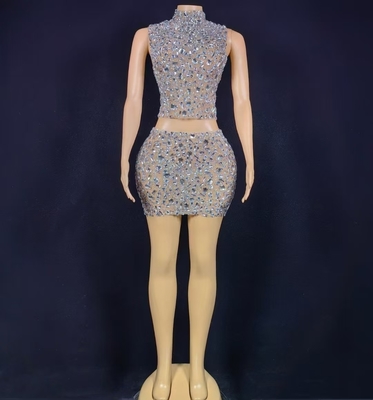 Rhinestones and Glitter Printing AD2369 Silver Nightclub Two-piece Sexy Latin Costume with Luxurious Rhinestones Latin Style