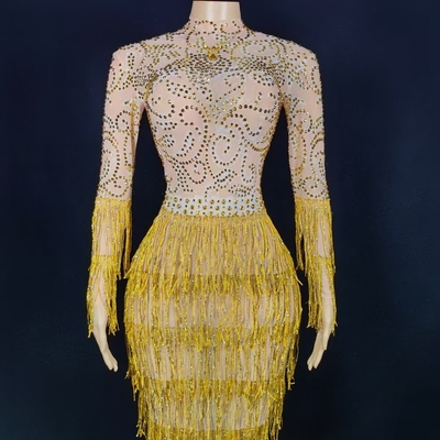 AD2376 High Slit Bodycon Dress with Fringe and Beading Luxurious Evening Gown from Guangdong Origin