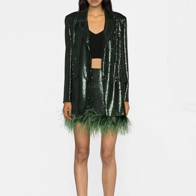 SR2261 Green Two-piece Dress Set Elegant Sequin Disco Feather Set Spring Season Eco-friendly Sequin Design Feather Detail